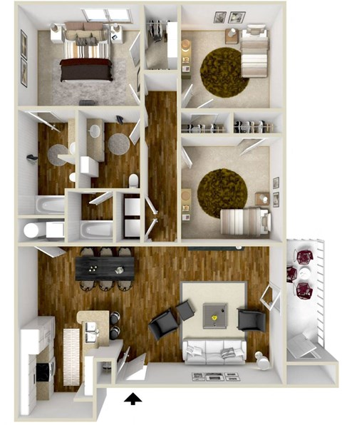 Three Bedroom Floor Plan | 1,335 Sq. Ft. at Avalon Apartment Homes, Starkville, Mississippi